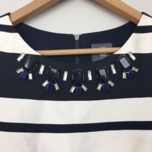 Vince Camuto navy white striped dress jeweled neck - Picture 3 of 3